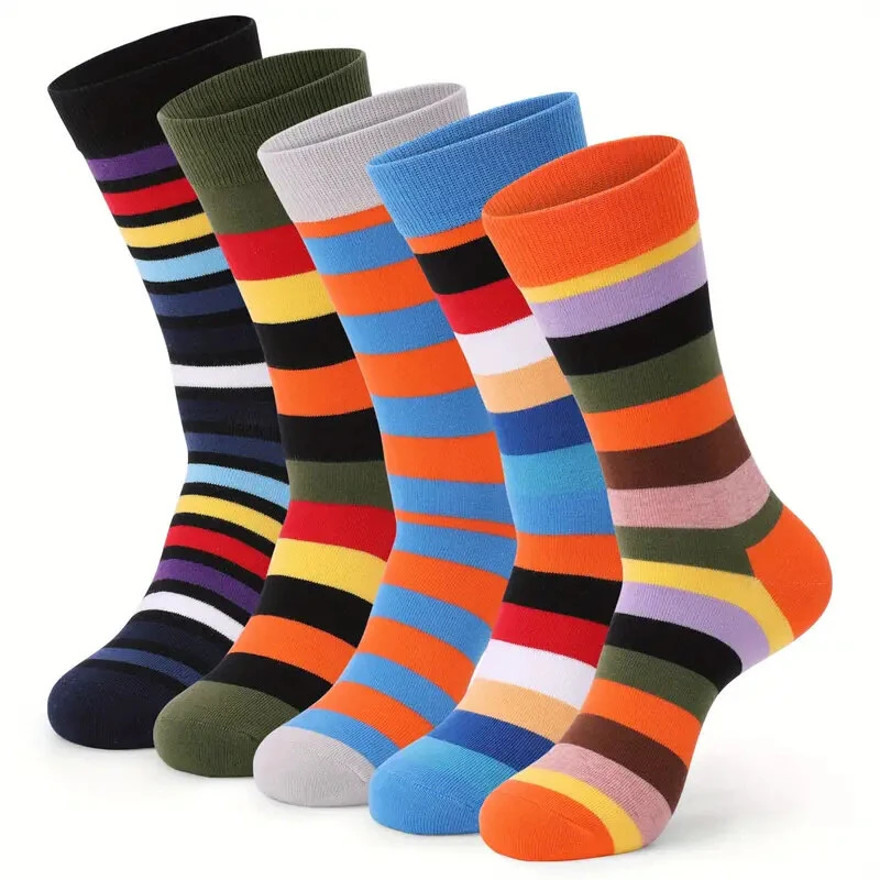 5 Pairs Men's Cotton Stripe Socks Funny Crew Bright Color Block Personality Mid Long Tube Skateboard Socks Unisex (image for) 5 Pairs Men's Cotton Stripe Socks Funny Crew Bright Color Block Personality Mid Long Tube Skateboard Socks Unisex